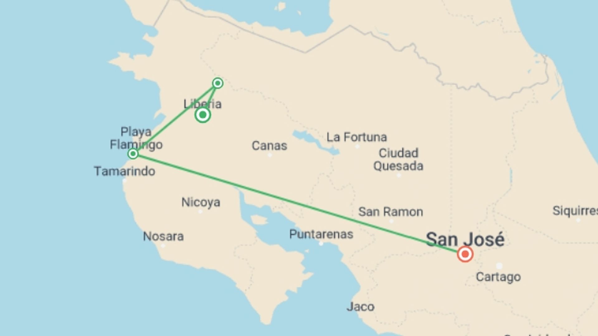 A map showing the tour itinerary for the trip: Costa Rica: The Wonders & Wildlife of the North, starting in Liberia City, Costa Rica and ending in San Jose, Costa Rica going through 2 other destinations.