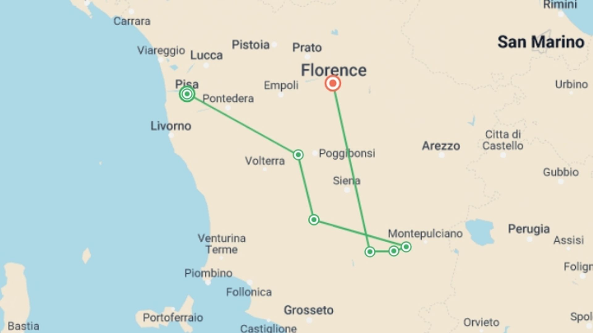 A map showing the tour itinerary for the trip: Tuscany Walking and Wine, starting in Pisa, Italy and ending in Florence, Italy going through 4 other destinations.