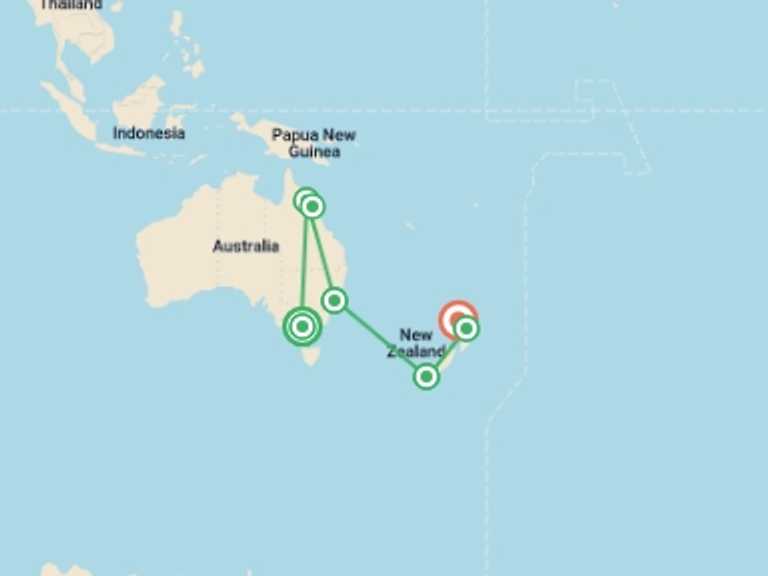 Map itinerary of Oceania Tour in November 2027 with 7 destination visits for the trip: Australia and New Zealand Panorama