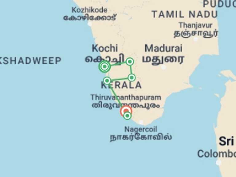 Map of a Beach Tour with 6 destination visits for the trip: Discover the Best of South India