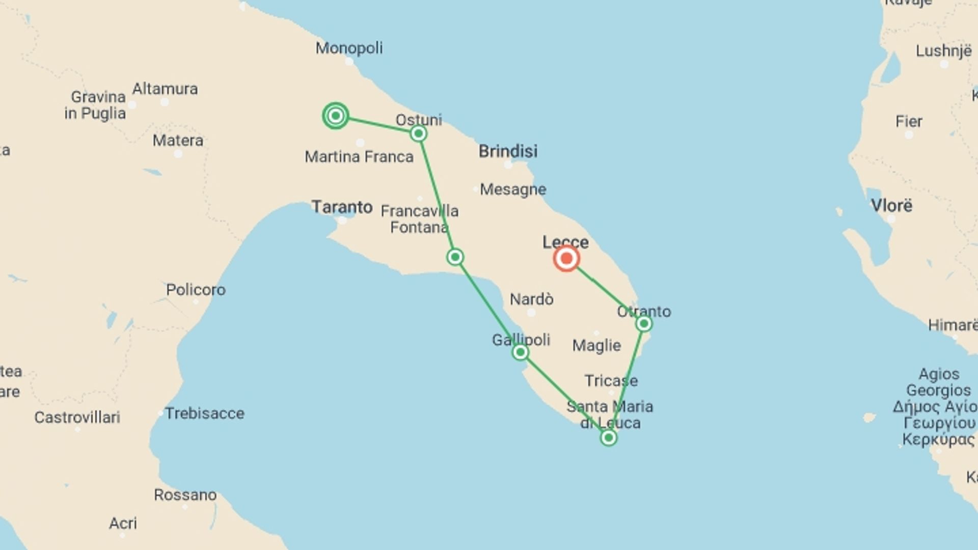 A map showing the tour itinerary for the trip: Cycling the Heel of Italy - Alberobello to Lecce, starting in Alberobello, Italy and ending in Lecce, Italy going through 5 other destinations.