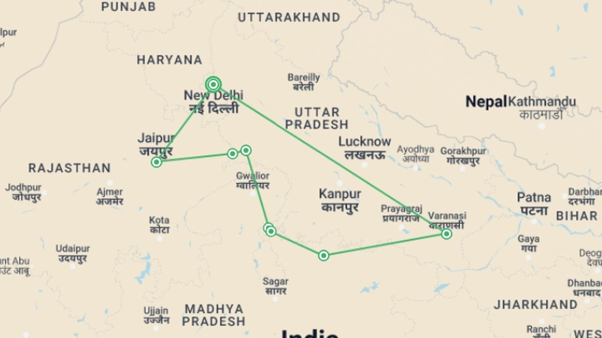 A map showing the tour itinerary for the trip: India Golden Triangle with Khajuraho & Ganges, starting in New Delhi, India and ending in Varanasi, India going through 3 other destinations.