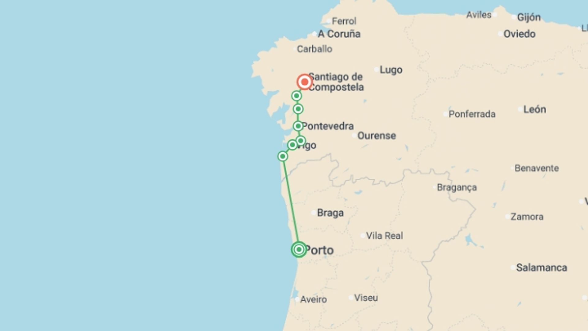 A map showing the tour itinerary for the trip: Portuguese Camino, starting in Porto, Portugal and ending in Santiago De Compostela, Spain going through 6 other destinations.