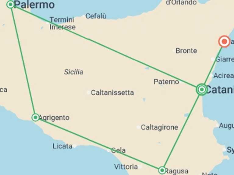 Map itinerary of Catania Tour in November 2025 with 5 destination visits for the trip: Highlights of Sicily From Catania - 10 days