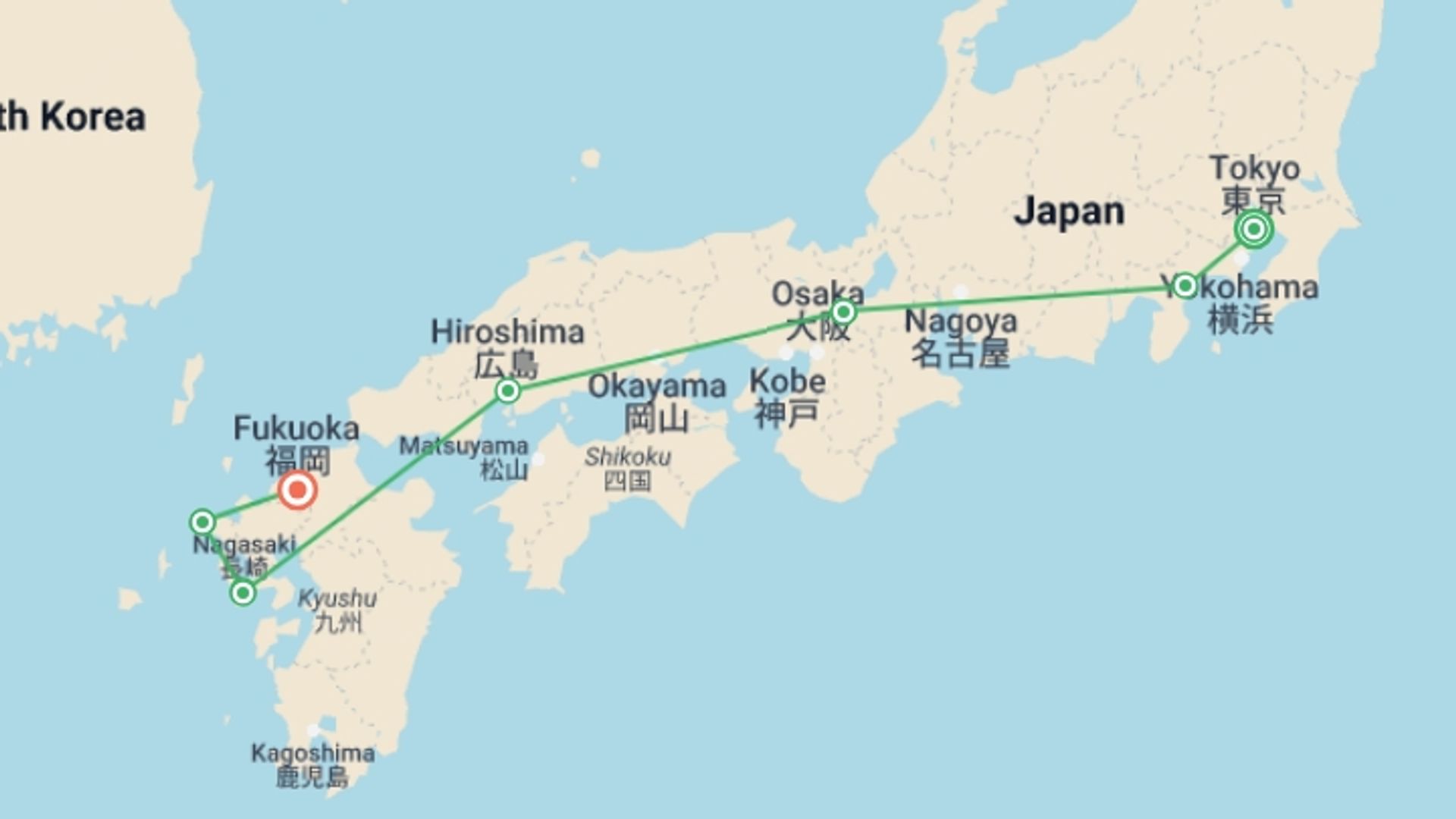 A map showing the tour itinerary for the trip: Japan In Depth - Footsteps of the Shogun, starting in Tokyo, Japan and ending in Fukuoka, Japan going through 5 other destinations.