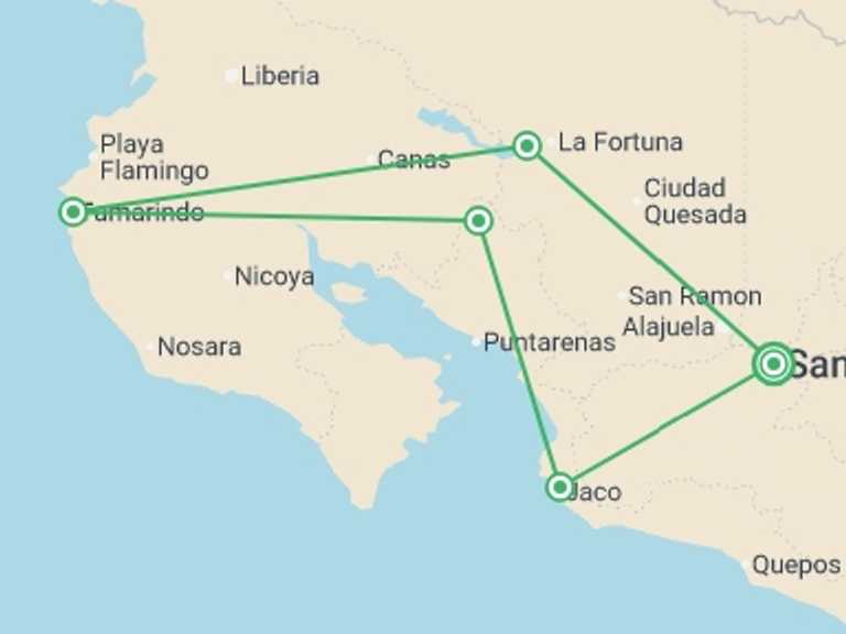 Map of San Jose Rainforest and jungle visits Tour with 5 destination visits for the trip: Viva Costa Rica