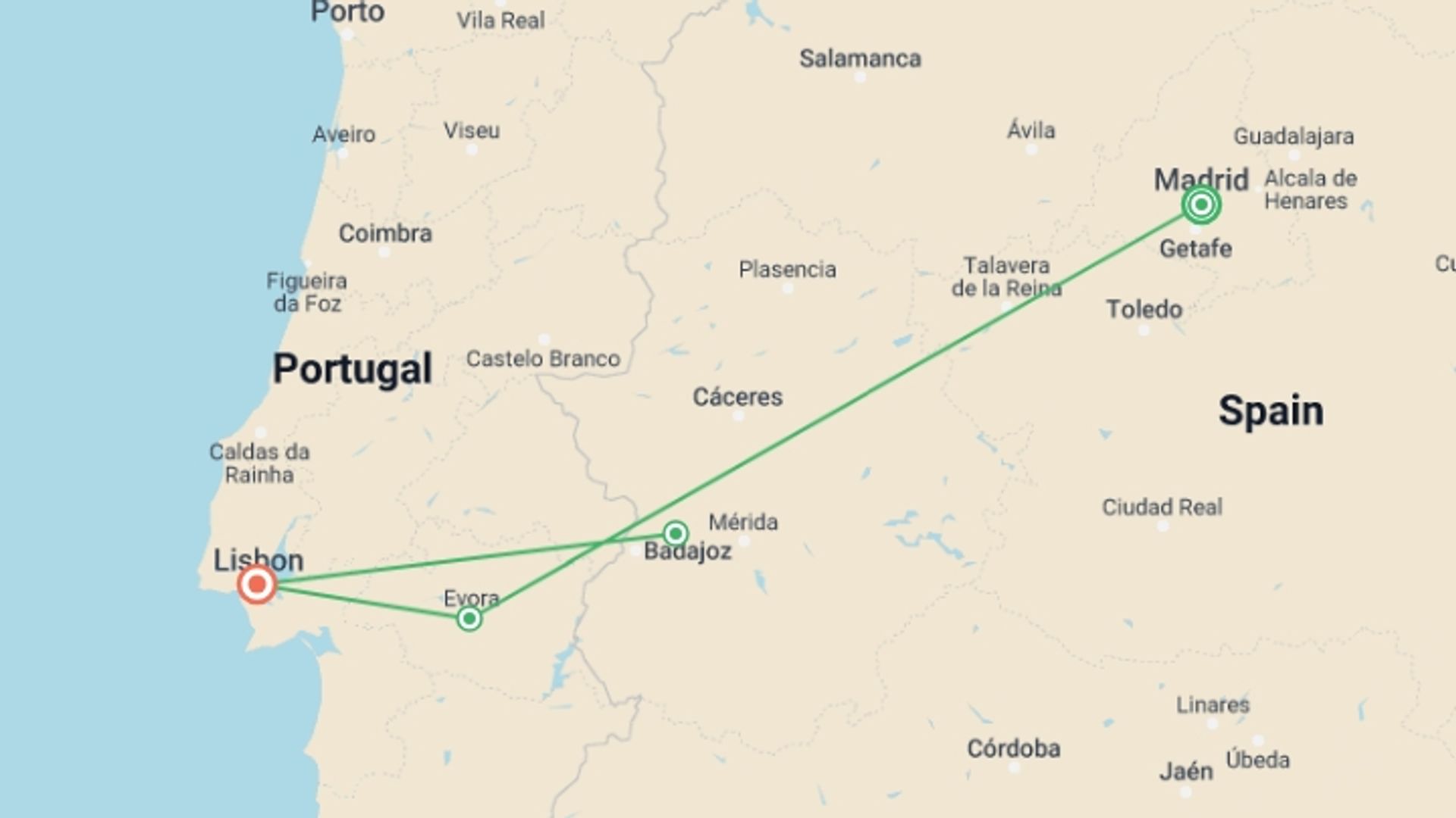 A map showing the tour itinerary for the trip: Madrid and Lisbon, starting in Madrid, Spain and ending in Lisbon, Portugal going through 1 other destinations.