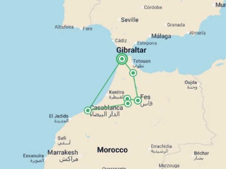 Map itinerary of Tangier Tour in December 2026 with 4 destination visits for the trip: Northern Morocco Explorer - 7 days