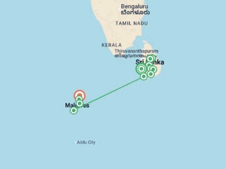 Map of a Wildlife Tour with 12 destination visits for the trip: Family Sri Lanka and Maldives Adventure