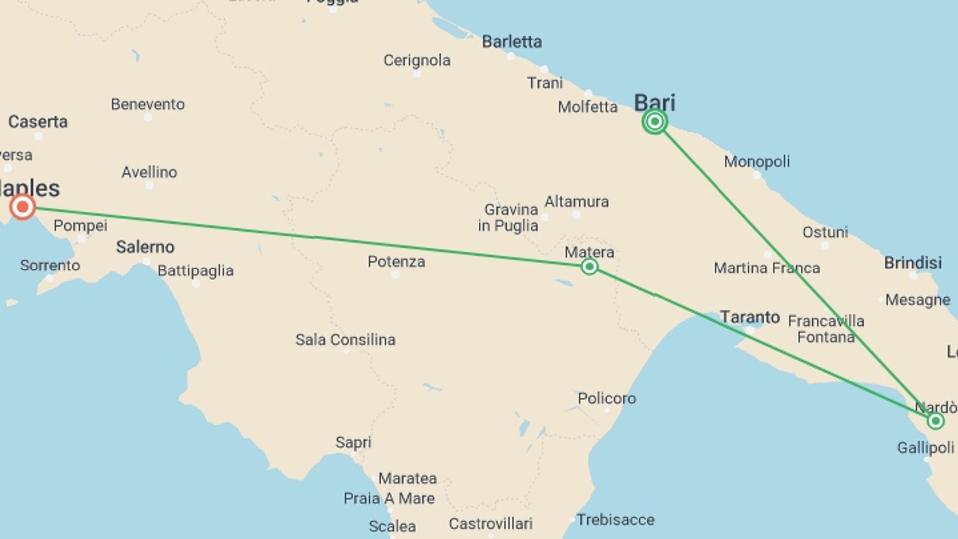 A map showing the tour itinerary for the trip: Premium Puglia, starting in Bari, Italy and ending in Naples, Italy going through 3 other destinations.