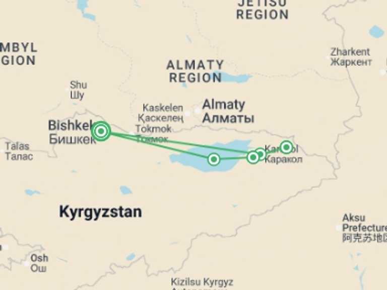 Map of Asia Tour with 5 destination visits for the trip: Kyrgyzstan: Trekking the Tien Shan Trails