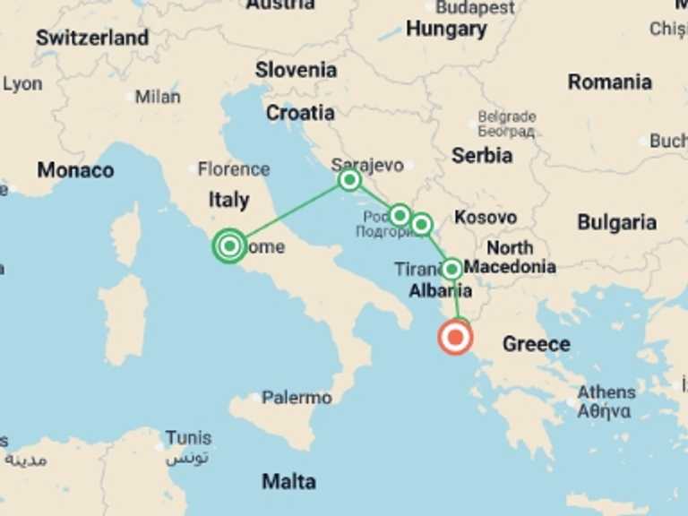Map of Europe Tour with 7 destination visits for the trip: The Dalmatian Coast: Croatia, Corfu & Medieval Cities