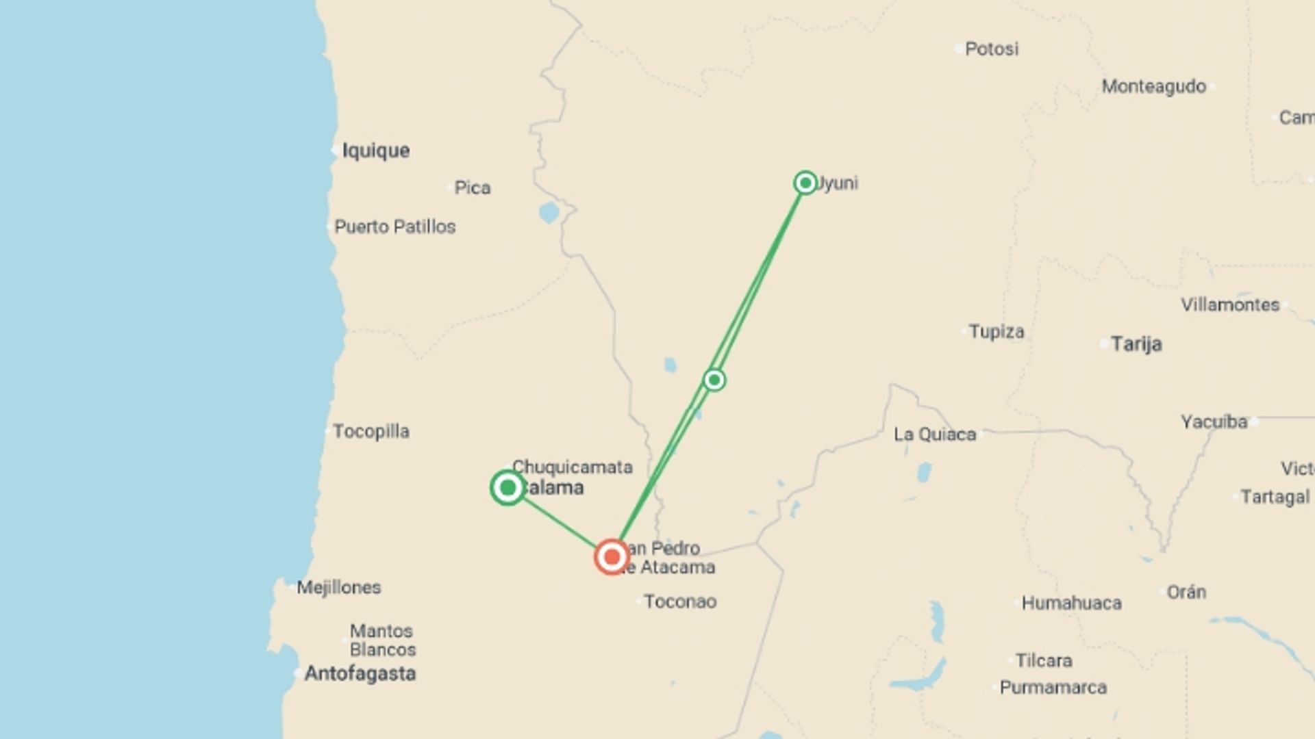 A map showing the tour itinerary for the trip: Atacama & Uyuni Salt Flats Adventure 7D/6N, starting in Calama, Chile and ending in San Pedro De Atacama, Chile going through 2 other destinations.