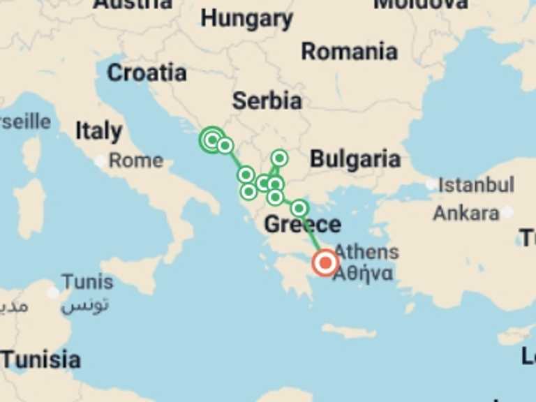 Map itinerary of Kotor Tour in September 2027 with 12 destination visits for the trip: Dubrovnik to Athens