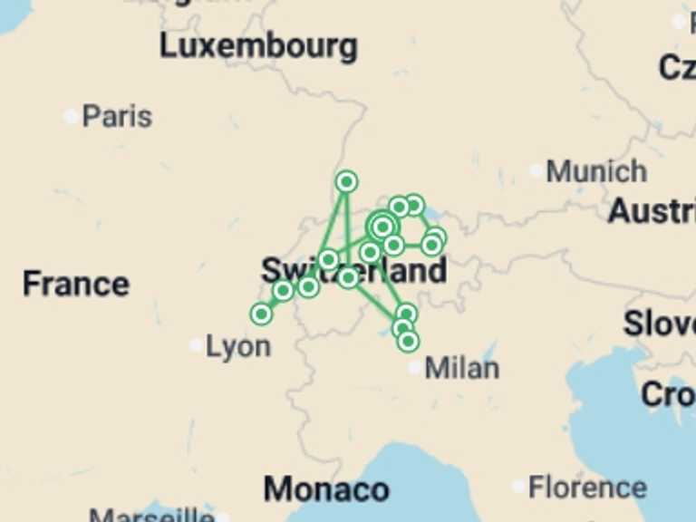 Map of Europe Cultural, religious and historic sites Tour with 6 destination visits for the trip: Switzerland