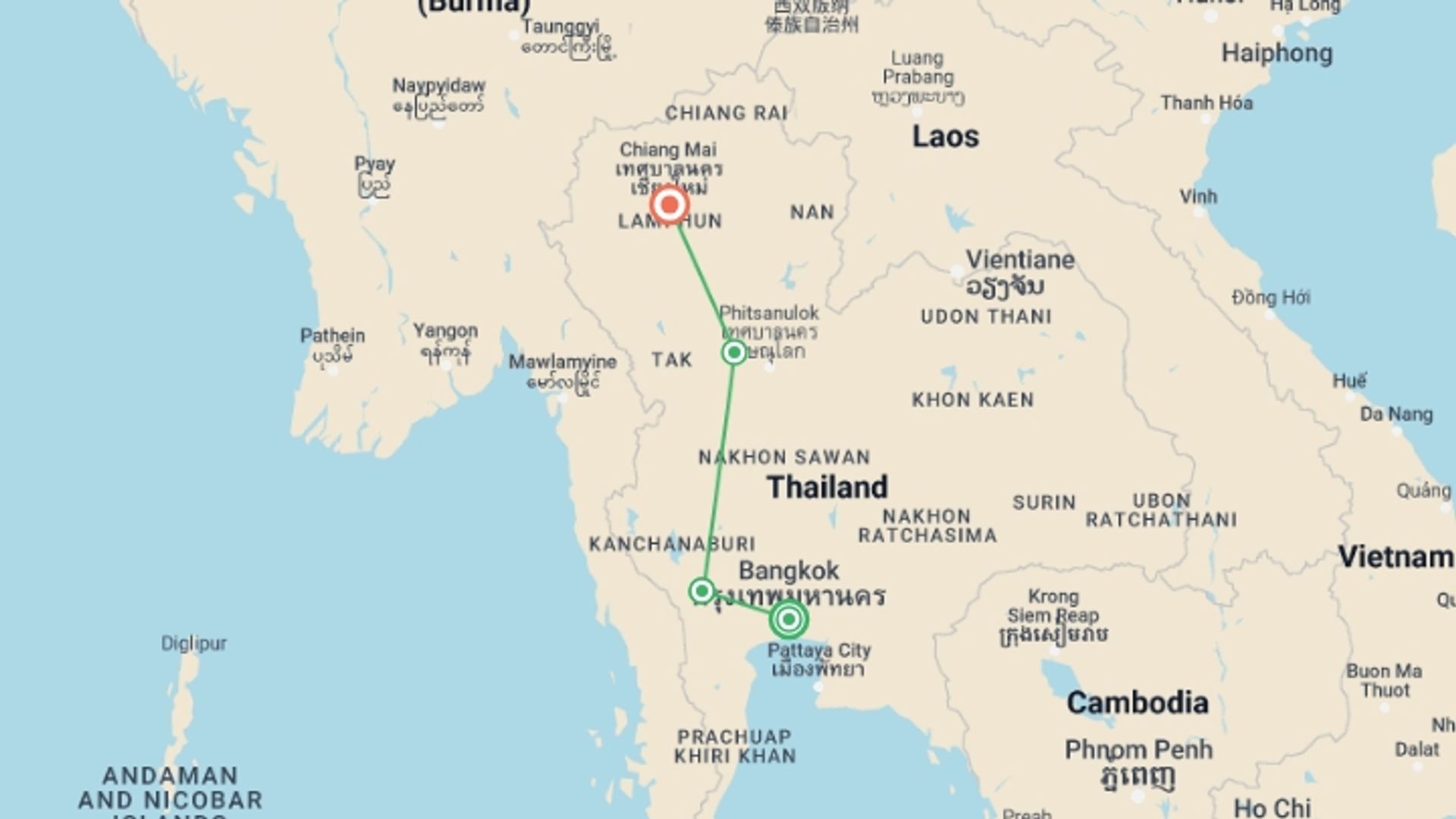 A map showing the tour itinerary for the trip: Northern Thailand: Back Roads Bangkok to Chiang Mai, starting in Bangkok, Thailand and ending in Chiang Mai, Thailand going through 2 other destinations.