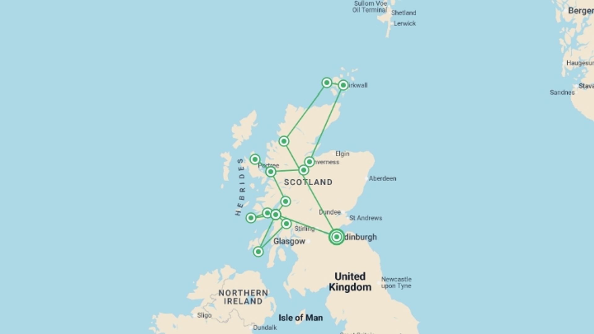 A map showing the tour itinerary for the trip: Whisky Coast & Scottish Islands  - 12 days, starting in Edinburgh, Scotland and ending in Edinburgh, Scotland going through 7 other destinations.