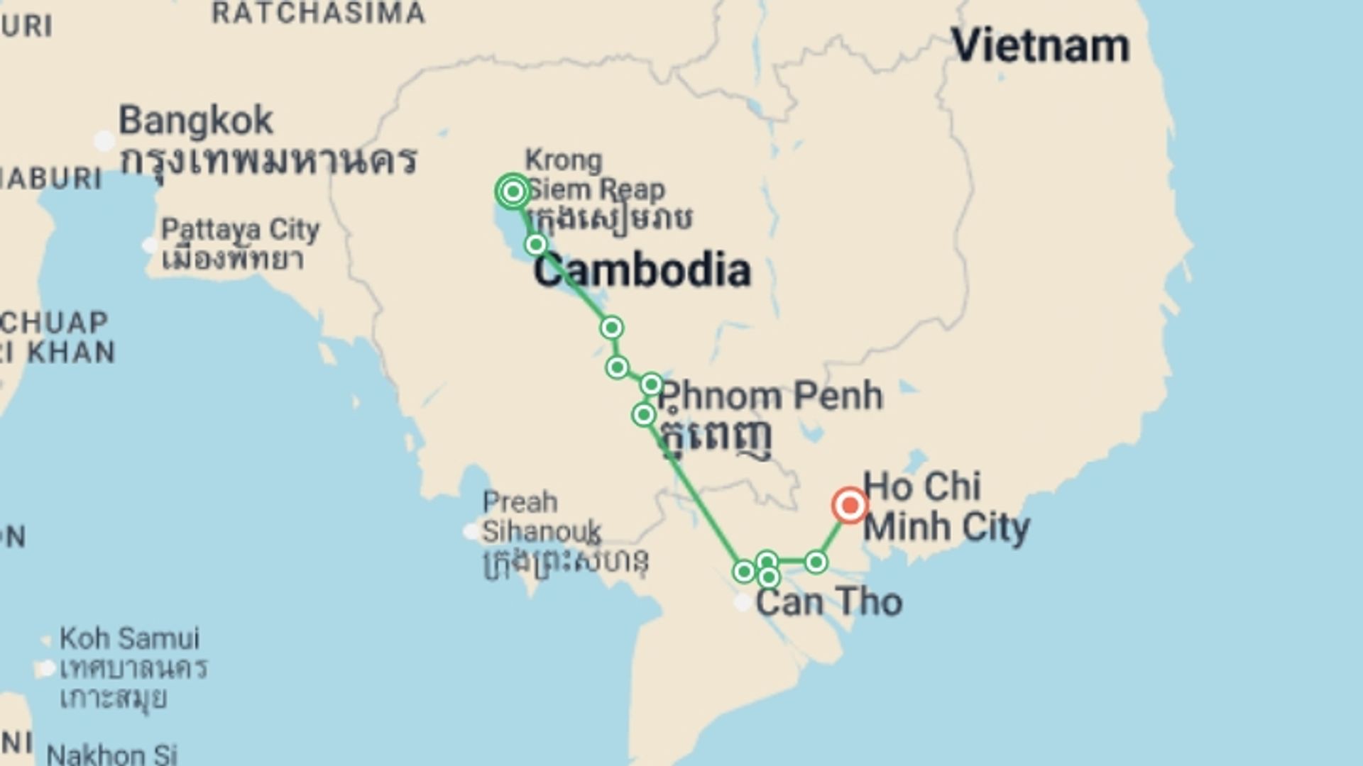 A map showing the tour itinerary for the trip: From the Angkor Temples to the Mekong Delta (port-to-port cruise), starting in Siem Reap, Cambodia and ending in Ho Chi Minh City, Vietnam going through 5 other destinations.