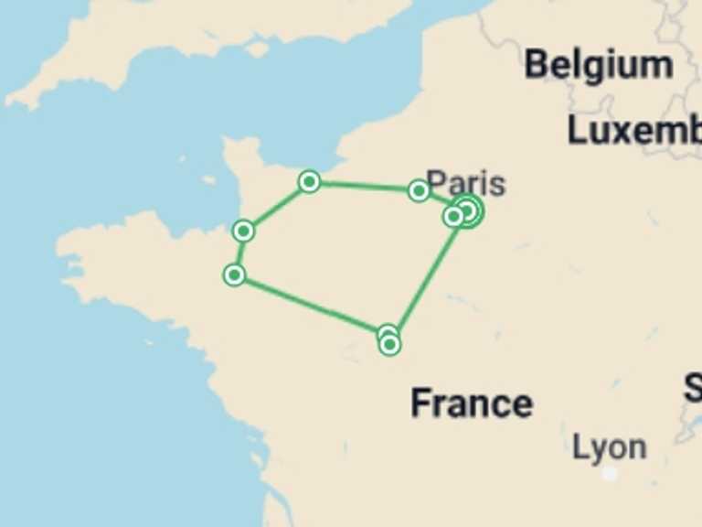 Map of 8-Day Paris Tour with 6 destination visits for the trip: Highlights of Paris Normandy and the Loire Valley
