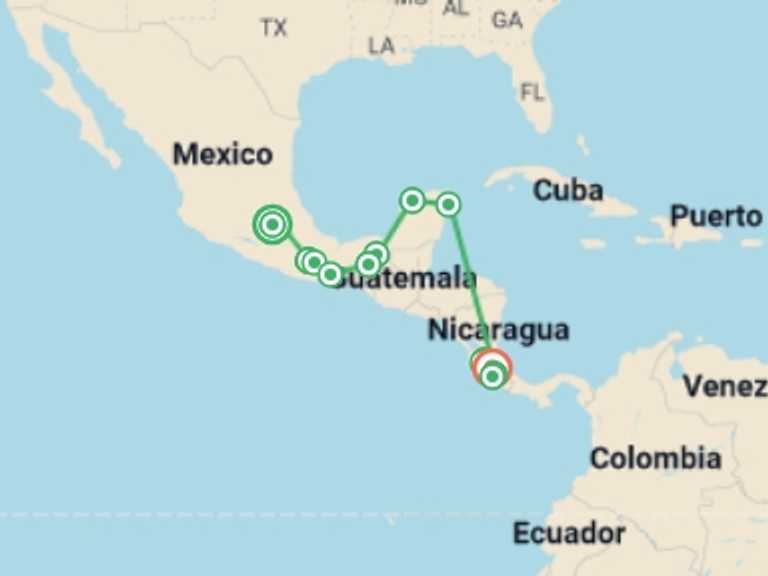 Map itinerary of South America Tour in December 2026 with 12 destination visits for the trip: Best of Mexico & Costa Rica