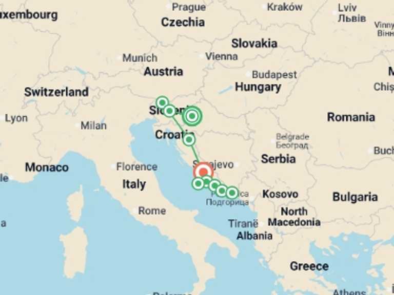 Map of Croatia Sailing, yachting and motor boating Tour with 9 destination visits for the trip: Highlights of Croatia & Slovenia  - 11 days
