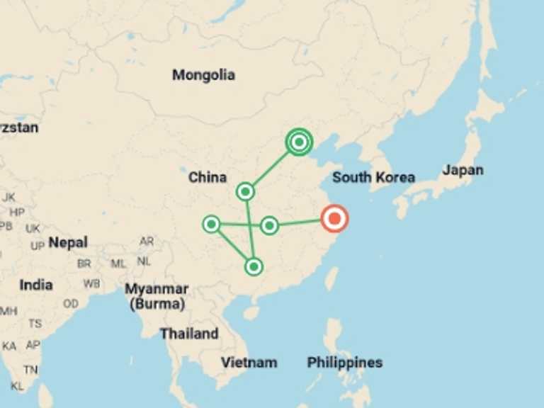 Map itinerary of China Tour in September 2026 with 6 destination visits for the trip: China Discovery & Yangtze Cruise - 15 days