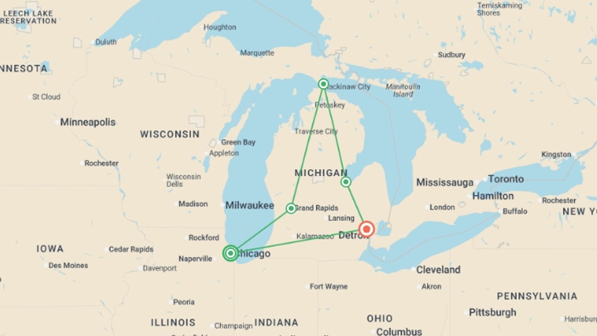 A map showing the tour itinerary for the trip: Mackinac Island featuring the Tulip Time Festival, starting in Chicago, USA and ending in Southfield, USA going through 3 other destinations.