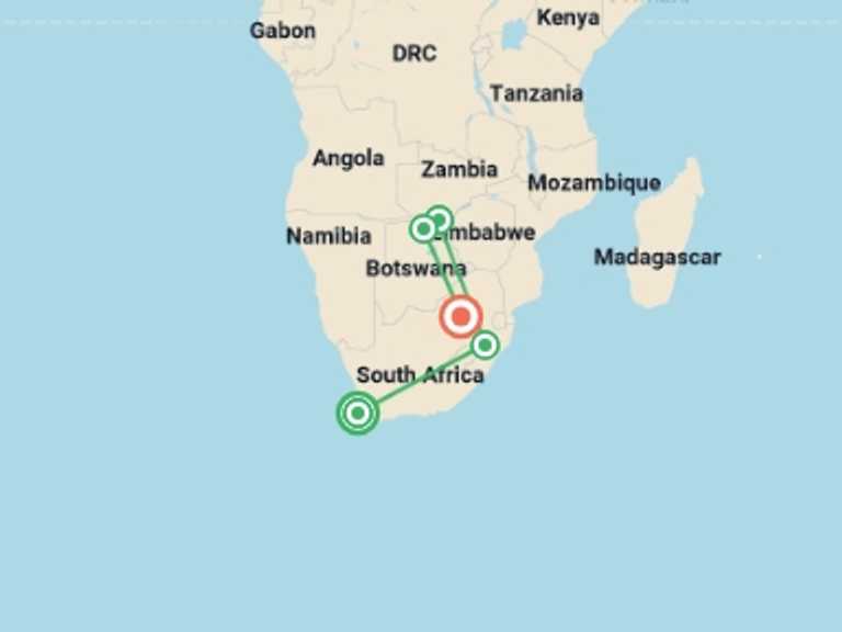 Map itinerary of Chobe National Park Tour in May 2026 with 6 destination visits for the trip: African Odyssey