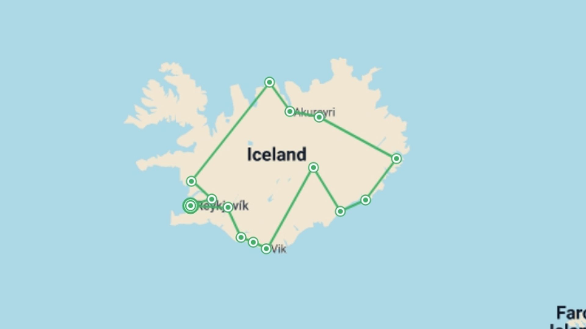 A map showing the tour itinerary for the trip: Iceland Explorer Self Drive Winter, starting in Reykjavik, Iceland and ending in Reykjavik, Iceland going through 7 other destinations.