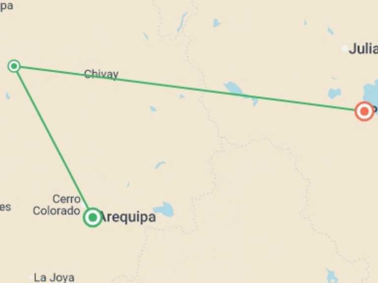 Map itinerary of Arequipa Tour in February 2026 with 3 destination visits for the trip: 2-Day Colca Canyon Trek & Trf Puno - Shared Room - Only Transportation/Guide