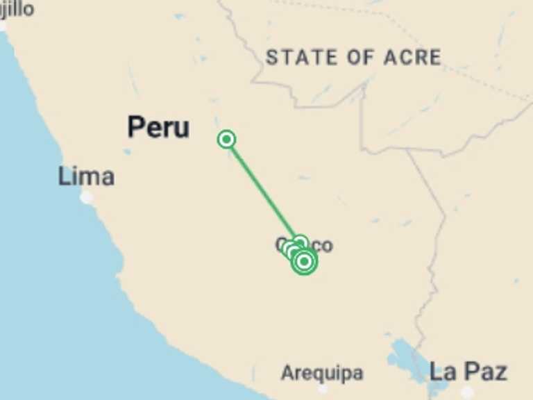 Map of 11-Day Cusco Tour with 4 destination visits for the trip: Biking Peru From The Andes To The Amazon
