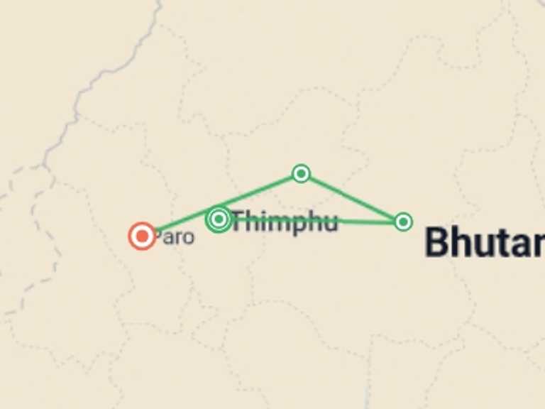 Map itinerary of Bhutan Tour in May 2027 with 4 destination visits for the trip: Premium Bhutan