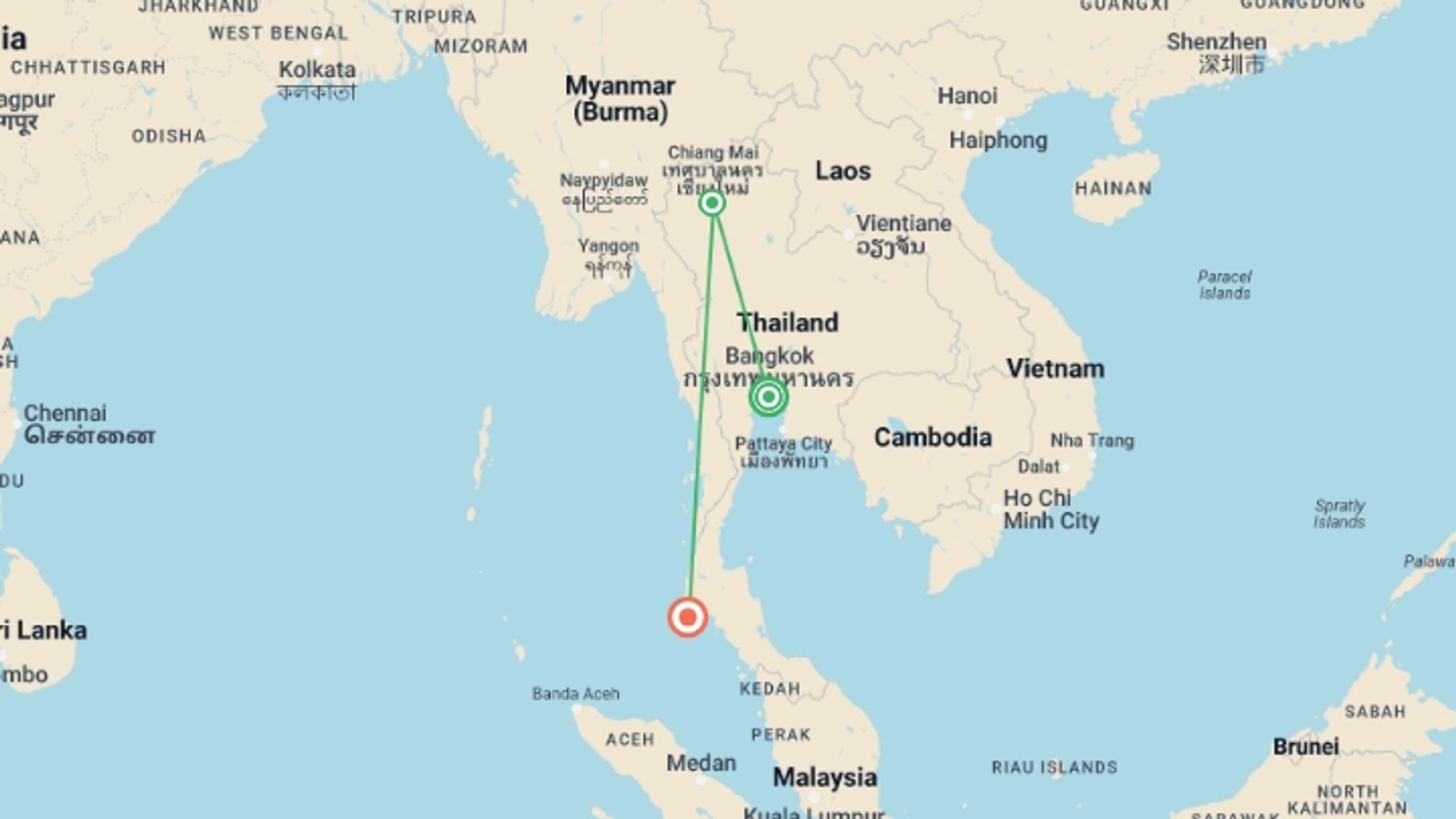 A map showing the tour itinerary for the trip: Ten Day Classic Tour to Thailand, starting in Bangkok, Thailand and ending in Phuket, Thailand going through 1 other destinations.