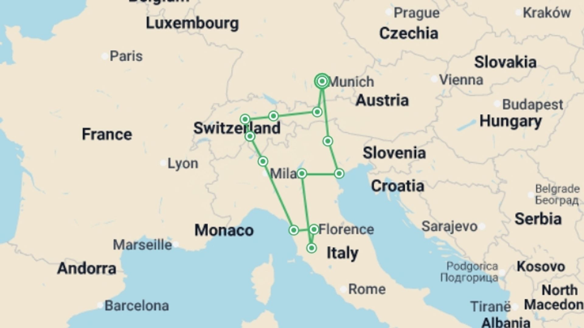 A map showing the tour itinerary for the trip: Scenic Europe, starting in Munich, Germany and ending in Munich, Germany going through 6 other destinations.