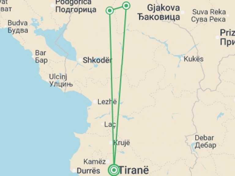 Map of Europe Tour with 3 destination visits for the trip: Trek Albania - 4 days