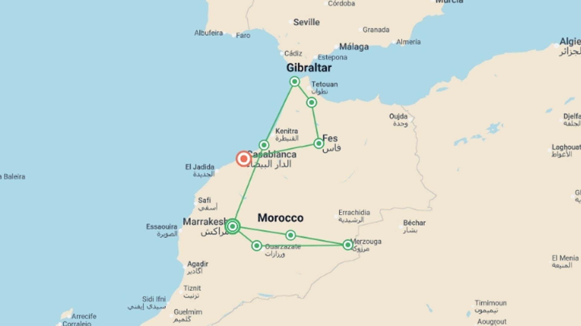 A map showing the tour itinerary for the trip: Discover Morocco, starting in Marrakech, Morocco and ending in Casablanca, Morocco going through 7 other destinations.
