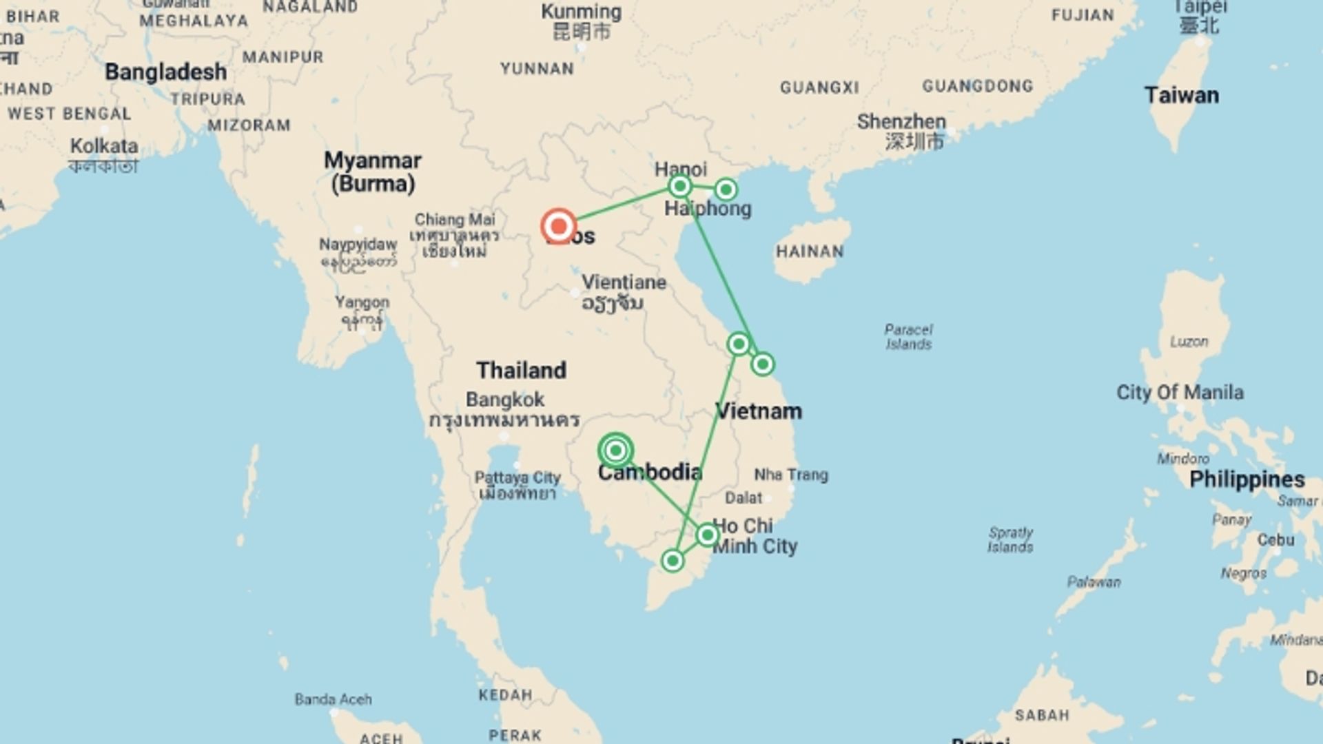 A map showing the tour itinerary for the trip: Inspiring Cambodia, Vietnam & Laos, starting in Siem Reap, Cambodia and ending in Luang Prabang, Laos going through 7 other destinations.