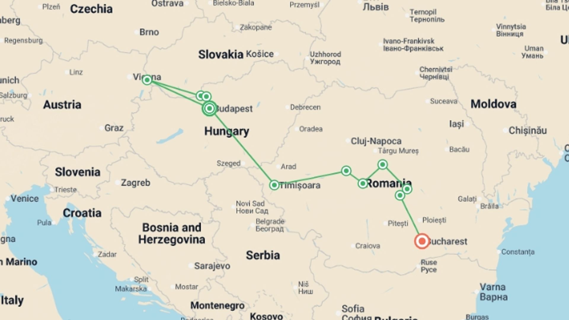 A map showing the tour itinerary for the trip: From the Danube to the Carpathians: A journey into the heart of legendary Europe (port-to-port cruise), starting in Budapest, Hungary and ending in Bucharest, Romania going through 5 other destinations.