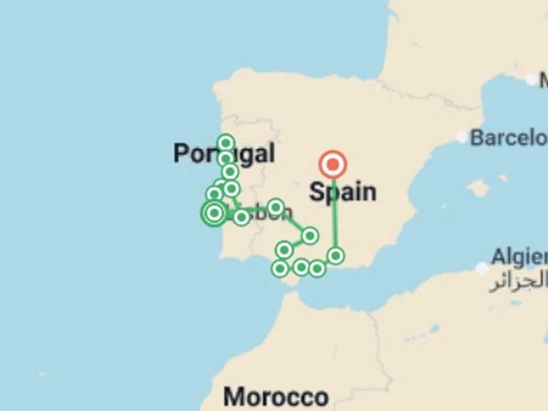 Map itinerary of Europe Tour in July 2026 with 9 destination visits for the trip: Portugal, Andalucia & Madrid - 15 days