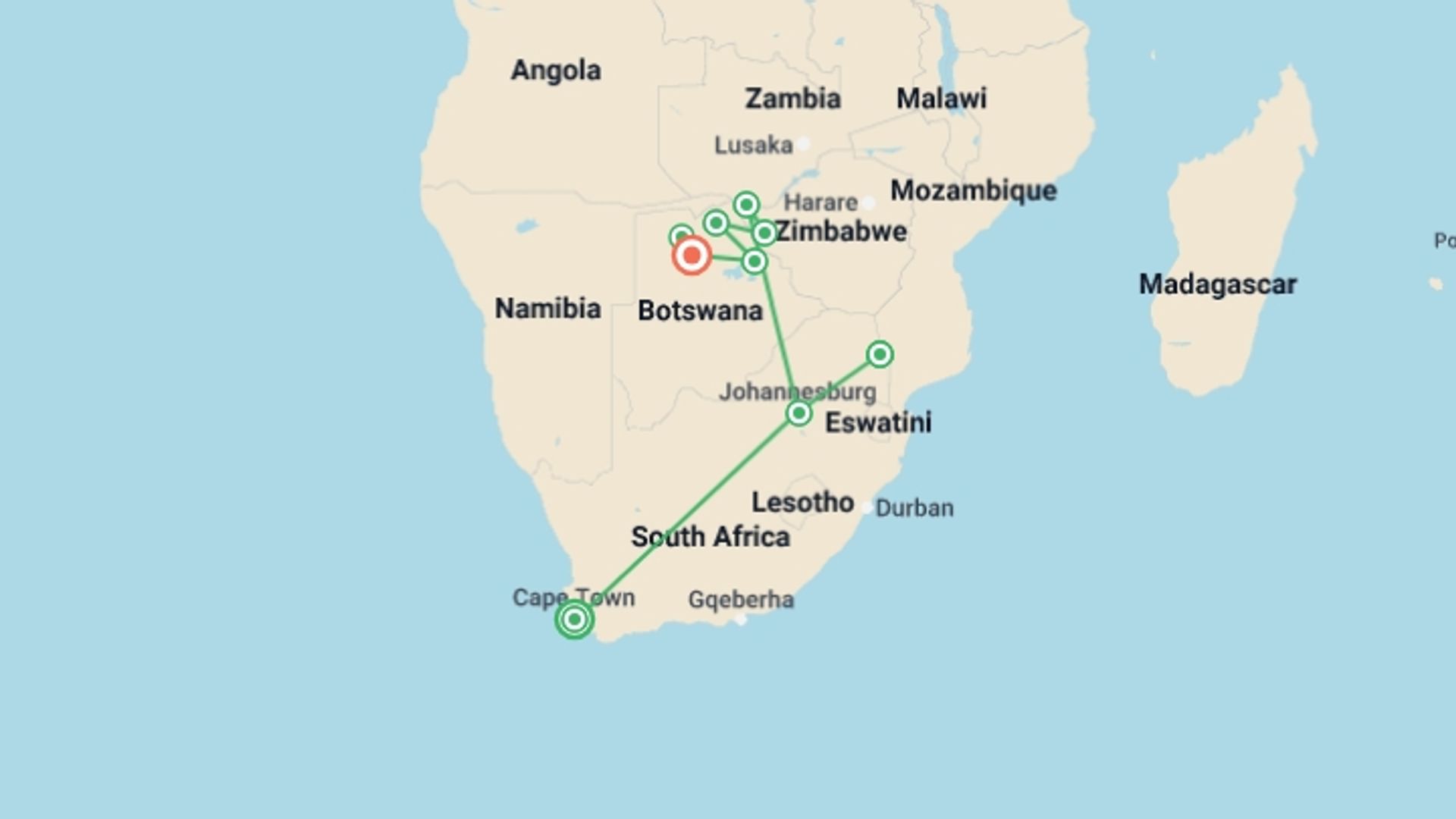 A map showing the tour itinerary for the trip: Unforgettable Africa: From Cape Town to the Okavango Delta, starting in Cape Town, South Africa and ending in Maun, Botswana going through 7 other destinations.