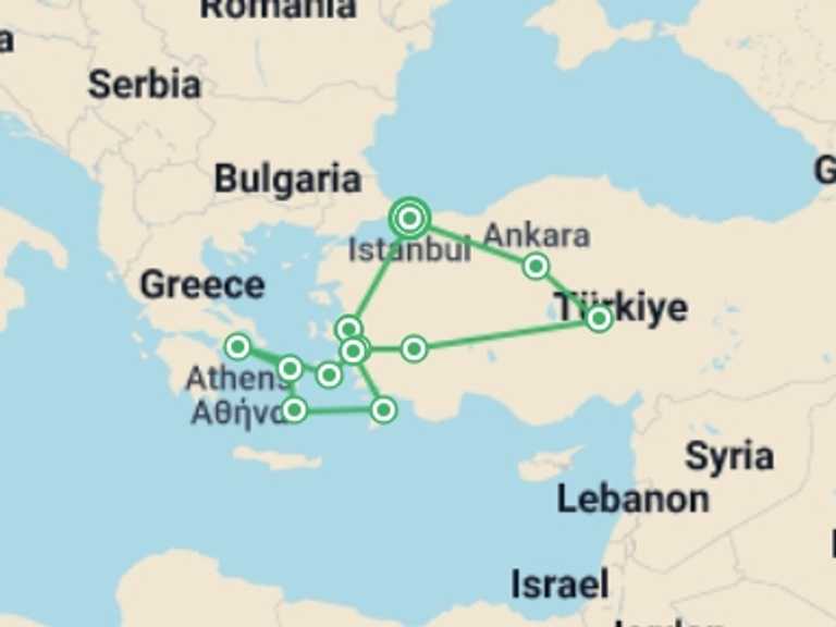 Map of a Honeymoon Tour with 9 destination visits for the trip: Best Of Turkey And Greece With 4-night Cruise (small Group)