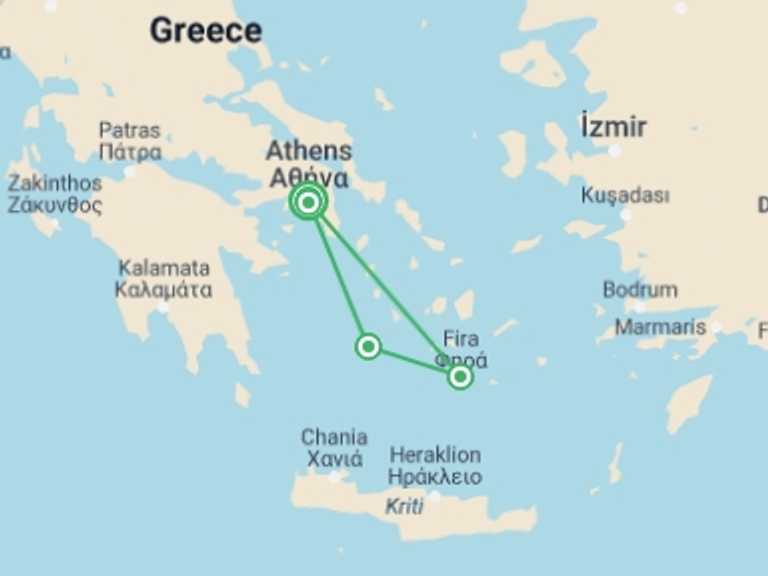 Map of Athens City sightseeing Tour with 4 destination visits for the trip: Athens, Santorini & Milos
