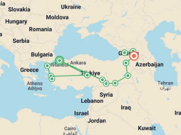 Map of Europe Tour with 13 destination visits for the trip: Turkey to Georgia Highlights