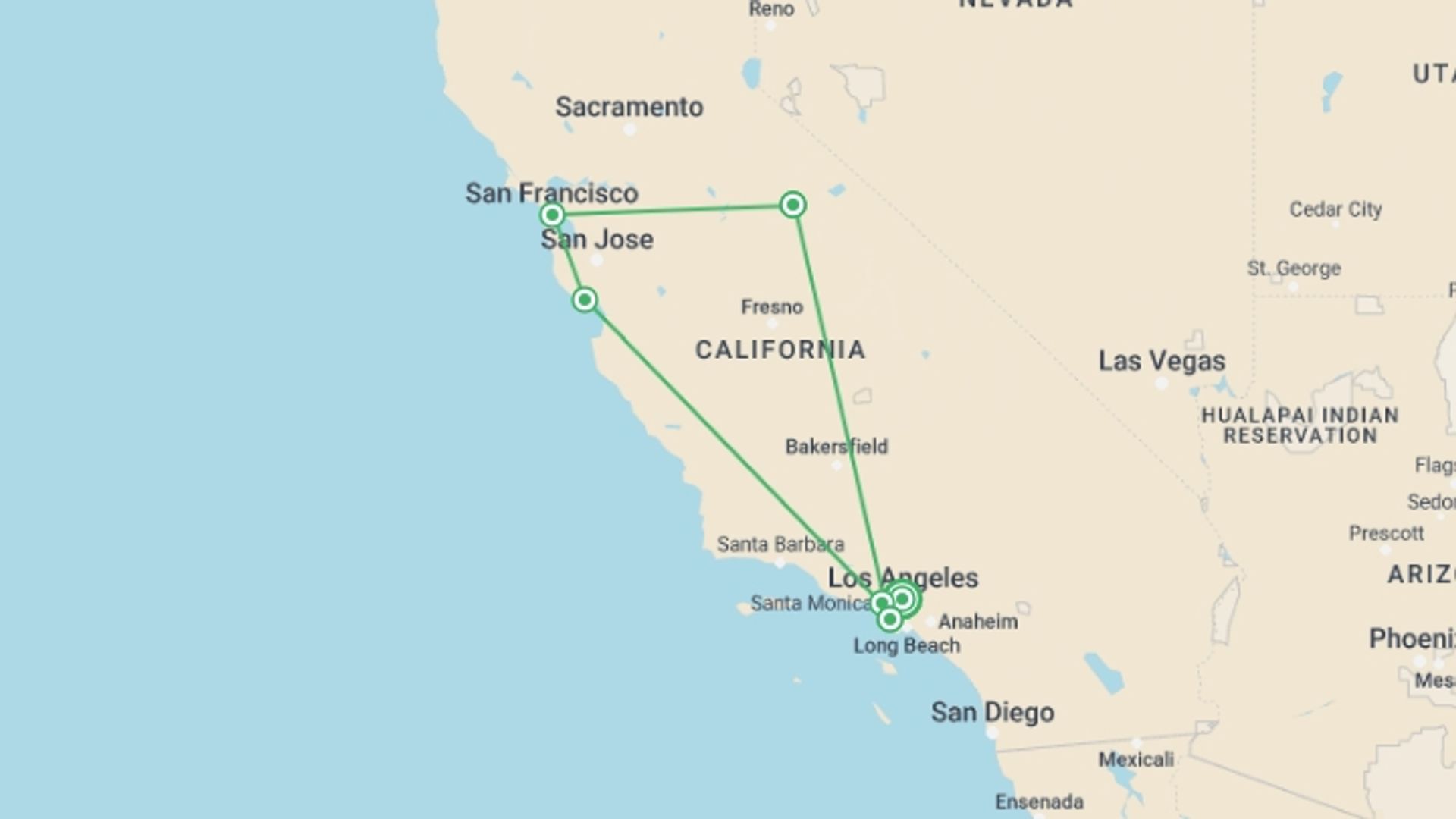 A map showing the tour itinerary for the trip: USA Road Trip- The Best of Cali, starting in Los Angeles, USA and ending in Los Angeles, USA going through 5 other destinations.