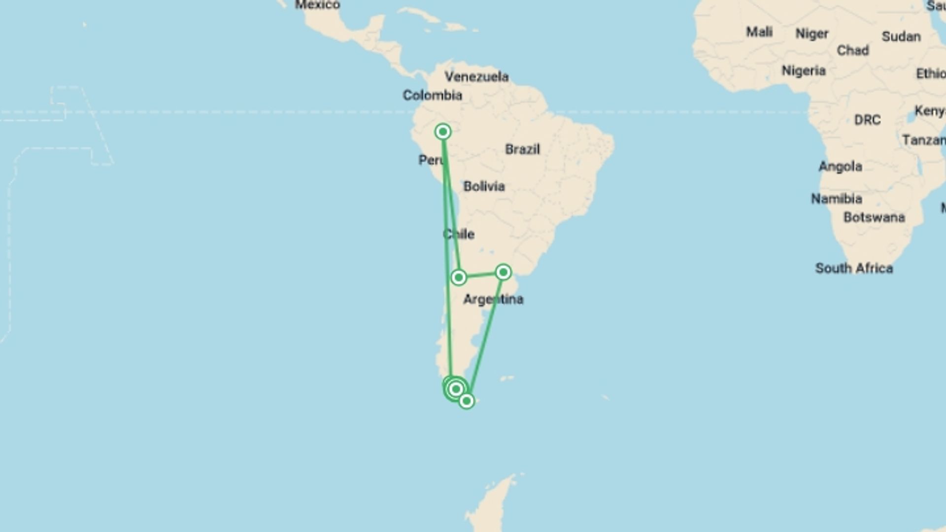 A map showing the tour itinerary for the trip: Dientes de Navarino Wilderness Trek, starting in Punta Arenas, Chile and ending in Punta Arenas, Chile going through 5 other destinations.