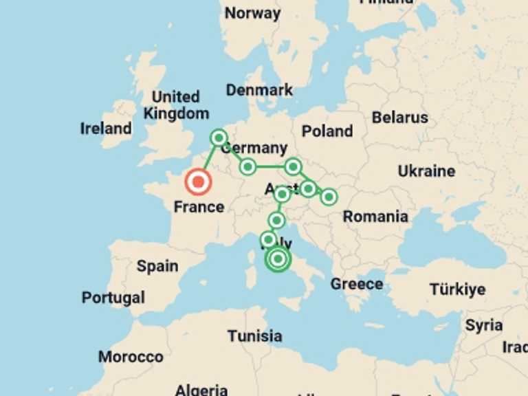 Map of Europe Tour with 10 destination visits for the trip: European Delight