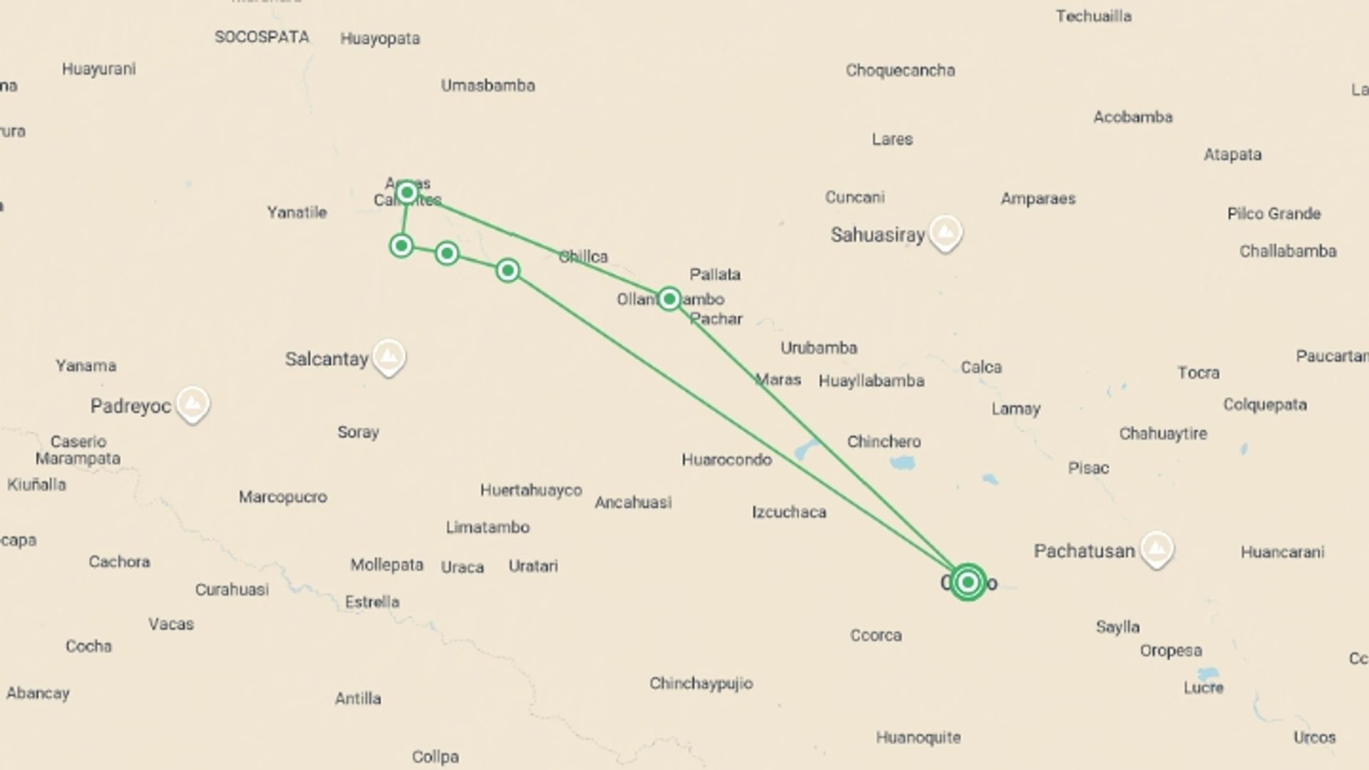 A map showing the tour itinerary for the trip: The Inca Trail, starting in Cusco, Peru and ending in Cusco, Peru going through 7 other destinations.