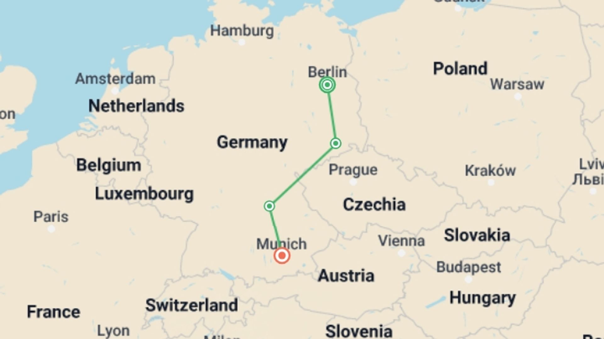 A map showing the tour itinerary for the trip: Christmas Markets of Germany, starting in Berlin, Germany and ending in Munich, Germany going through 2 other destinations.