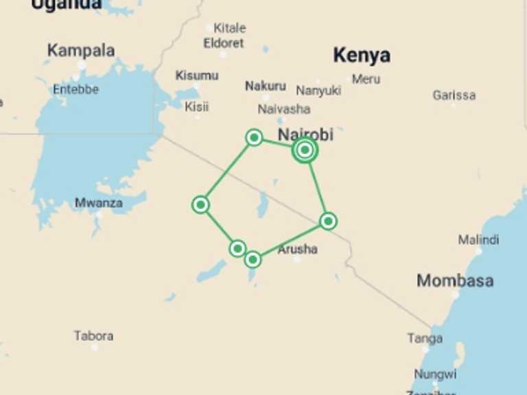 Map of Africa Tour with 6 destination visits for the trip: The Best of East Africa - 12 days