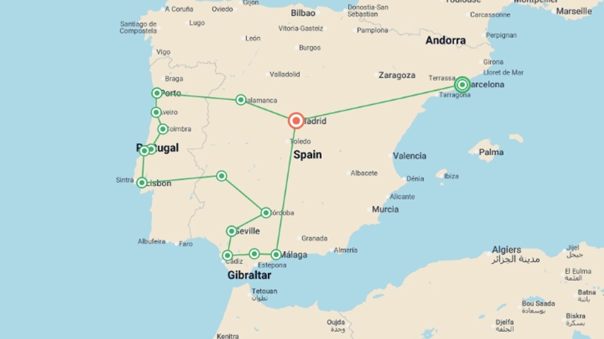 A map showing the tour itinerary for the trip: Barcelona, Portugal & Andalucia - 16 days , starting in Barcelona, Spain and ending in Madrid, Spain going through 7 other destinations.